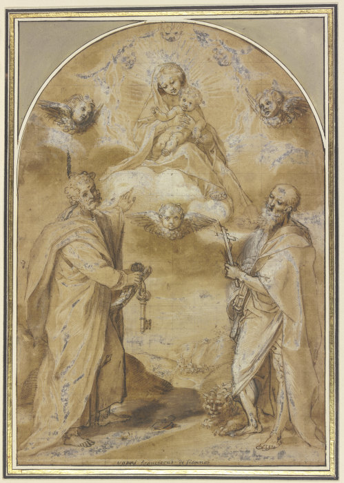 Die Madonna mit dem Jesuskind erscheint in einer engelgesäumten Gloriole den Heiligen Petrus und Hie van Francesco Vanni