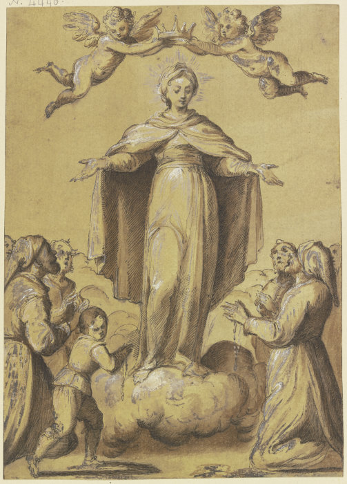 Maria auf Wolken stehend, zwischen Anbetenden mit Rosenkränzen van Francesco Vanni