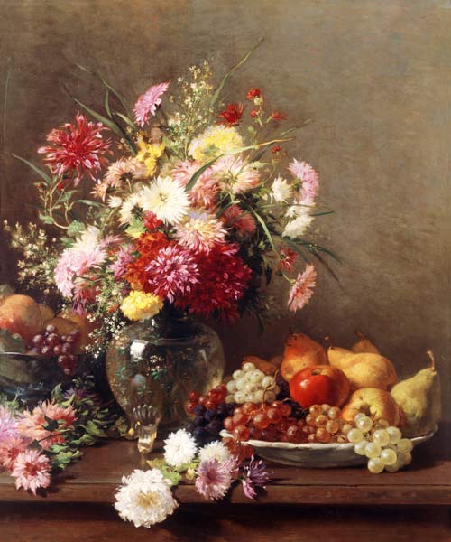 Chrysanthemen in einer Glasvase und ein Teller mit Obst van Francois Furet