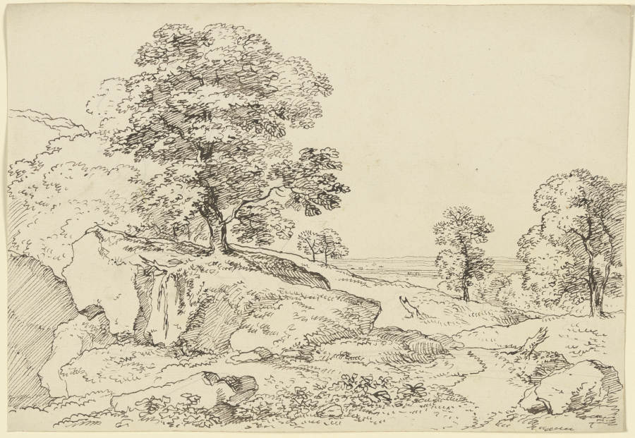 Alter Baum auf einem Felsvorsprung in einer Wiesenlandschaft van Franz Innocenz Josef Kobell