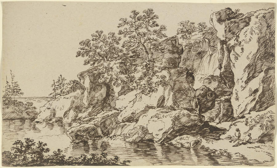 Felsige Uferböschung mit zwei ruhenden Wanderern van Franz Innocenz Josef Kobell