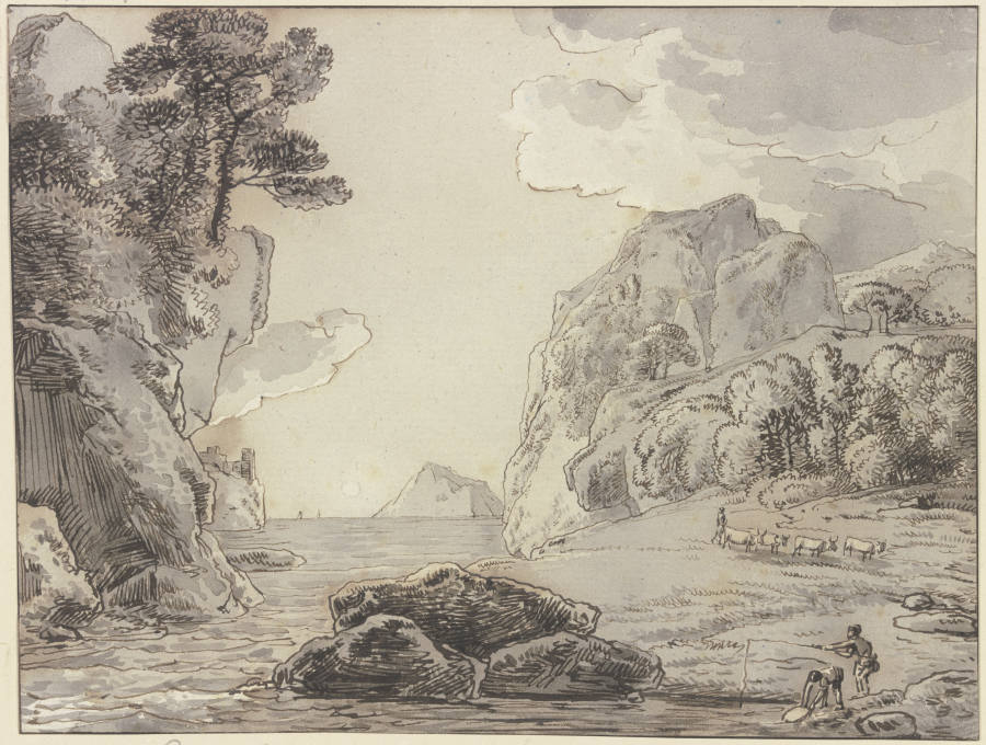 Felsige Uferlandschaft, im Vordergrund zwei Angler van Franz Innocenz Josef Kobell
