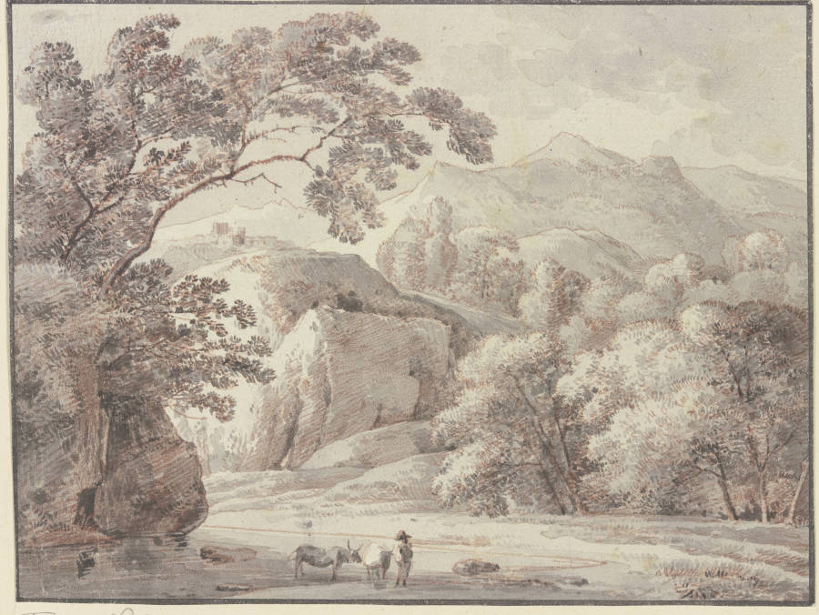 Gebirgslandschaft, im Vordergrund ein Mann mit zwei Kühen van Franz Innocenz Josef Kobell