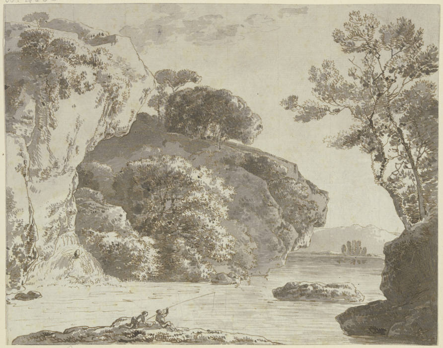 Gewässer bei hohen Felsen, im Vordergrund zwei Angler van Franz Innocenz Josef Kobell