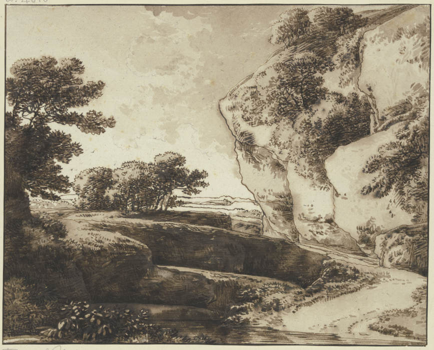Landschaft mit hoher Felspartie van Franz Innocenz Josef Kobell