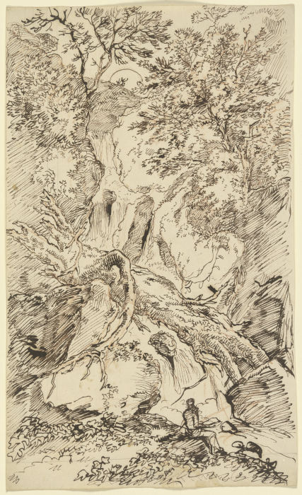Zerborstene Baumstämme in einer Felsschlucht mit Wasserfall, davor ein rastender Wanderer van Franz Innocenz Josef Kobell