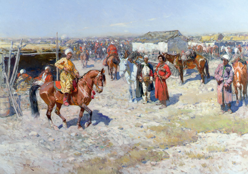 Central Asian Horse Market (oil on canvas) van Franz Roubaud