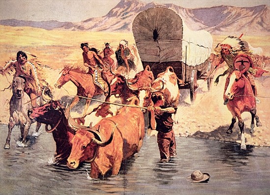 Indians attacking a pioneer wagon train van Frederic Remington