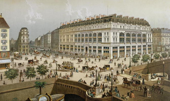 View of 'La Belle Jardiniere' department store and the Pont Neuf, c.1870-80 (colour litho) van Frederic Sorrieu