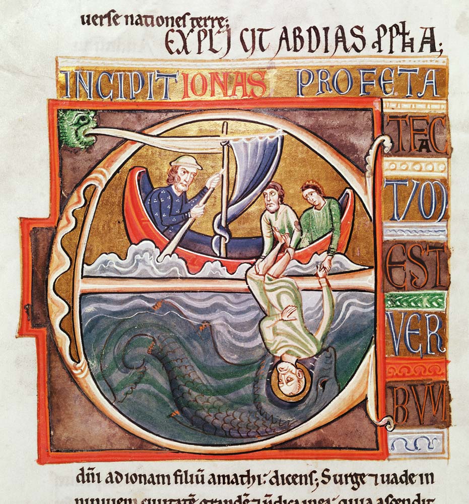 Ms 1 Fol.196v Historiated initial ''E'' depicting Jonah Thrown into the Sea, from the Souvigny Bible van French School