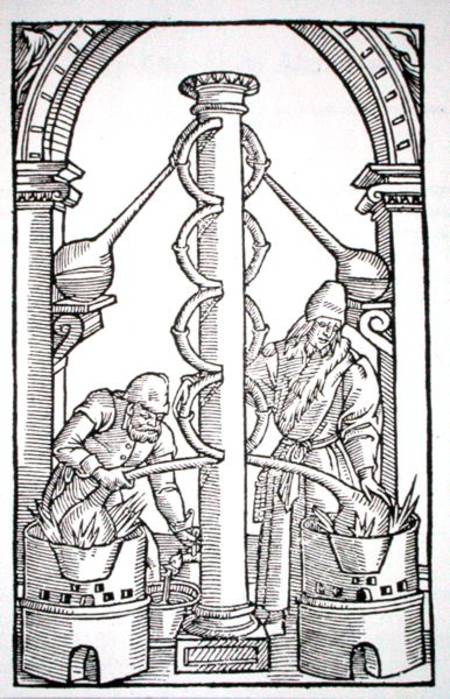 The Alchemist at Work, copy of an illustration from 'Coelum Philosophorum' by Philippus Ulstadius, P van French School