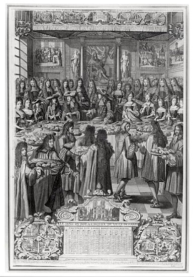 Dinner of Louis XIV (1638-1715) at the Hotel de ville, 30th January 1687, from Calendar of the year  van French School