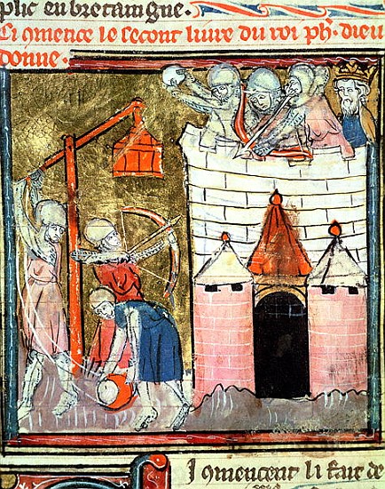 Fol.261v Siege of the Chateau de Chinon, from the Grandes Chroniques de France, 1375-79 van French School