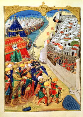 Lat 6067 f.55v The Turkish forces preparing for battle outside the walls of Rhodes in 1480, from 'A van French School, (15th century)