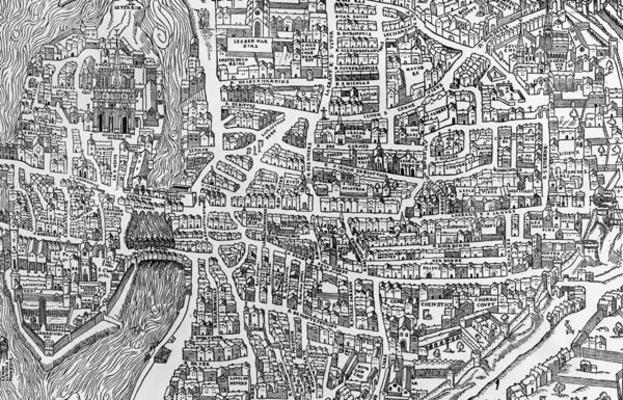 Detail from a map of Paris in the reign of Henri II showing the quartier des Ecoles, 1552 (engraving van French School, (16th century)