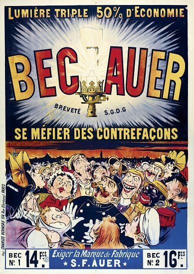 Poster advertising 'Becauer' petroleum lamps, printed by Charles Verneau van French School, (19th century)