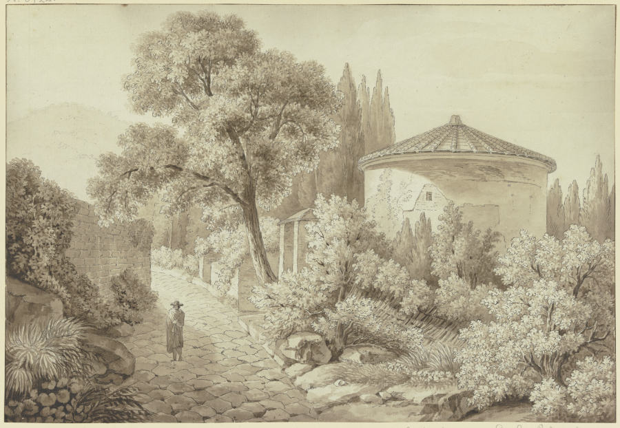 Antiker Tempel an der Via Appia bei Ariccia, rechts neben einer gepflasterten Straße steht ein Rundt van Friedrich Wilhelm Gmelin