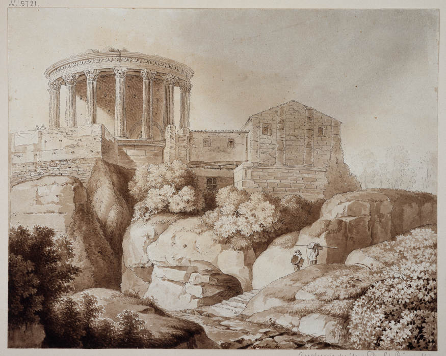 Der sogenannte Sibyllentempel zu Tivoli, der Tempel steht von Gebäuden umgeben über baumbestandenen  van Friedrich Wilhelm Gmelin