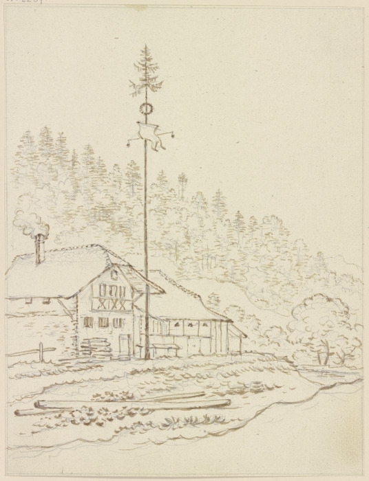 Bauernhäuser am Waldrand, davor ein Maibaum van Friedrich Wilhelm Hirt