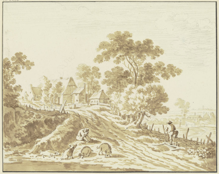 Bauernhof, im Vordergrund ein Hirte mit Schweinen van Friedrich Wilhelm Hirt