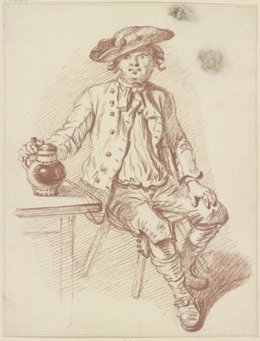 Neben einem Tisch sitzender Mann mit einem Krug van Friedrich Wilhelm Hirt