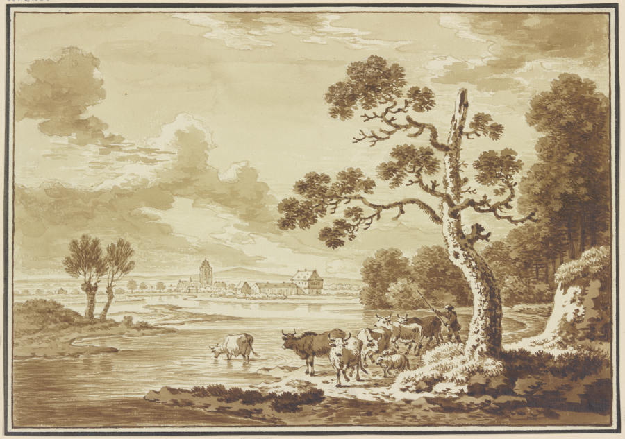 Cattle at the riverfront van Friedrich Wilhelm Hirt