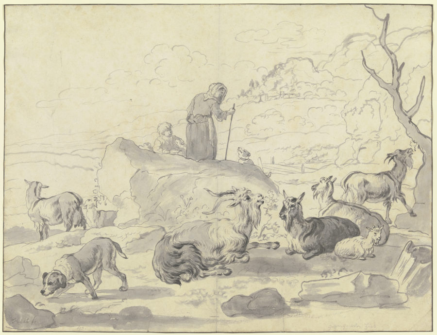 Ziegenherde mit einem Hund, hinter einem Felsblock eine alte Hirtin mit einem Kind van Friedrich Wilhelm Hirt