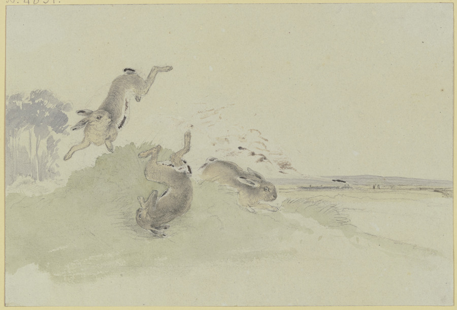 Drei Hasen erschrecken vor der Eisenbahn van Friedrich Wilhelm Keyl
