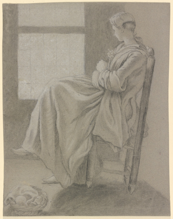 Sitzendes Mädchen am Fenster, nach links schauend, im Vordergrund links steht ein Korb auf dem Boden van Friedrich Ludwig Hauck