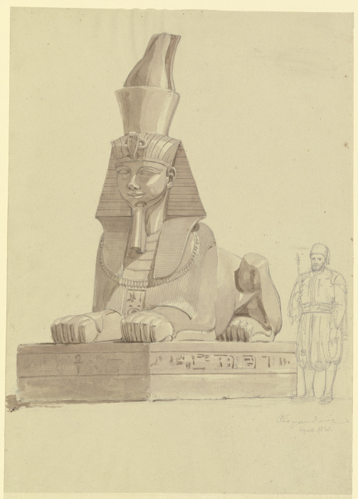 Ägyptische Sphinx in Alexandria, daneben ein Ägypter in traditioneller Tracht van Friedrich Maximilian Hessemer