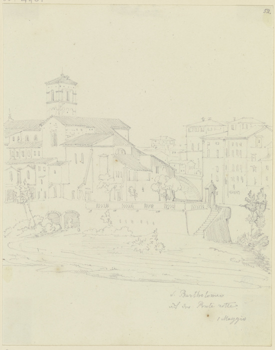 S. Bartolomeo all’Isola in Rom, vom Pons Aemilius aus gesehen van Friedrich Maximilian Hessemer