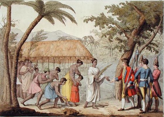 Captain Samuel Wallis (1728-1830) being received by Queen Oberea on the Island of Tahiti (colour lit van Gallo Gallina