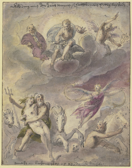 Neptun und Amphitrite mit Seegöttern, Pferden und der schwebenden Fama, in den Wolken Jupiter, Merku van Georg Beham