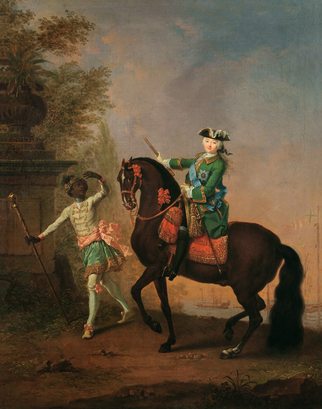 Portrait of Empress Elizabeth Petrovna (1709-62) on Horseback with a Negro Boy van Georg Christoph Grooth