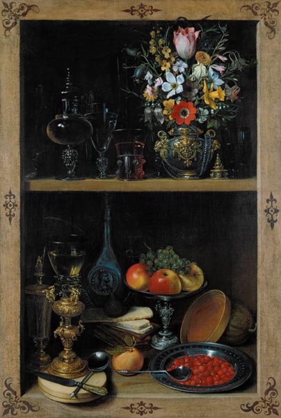 Regal mit Blumenvase und Früchten van Georg Flegel