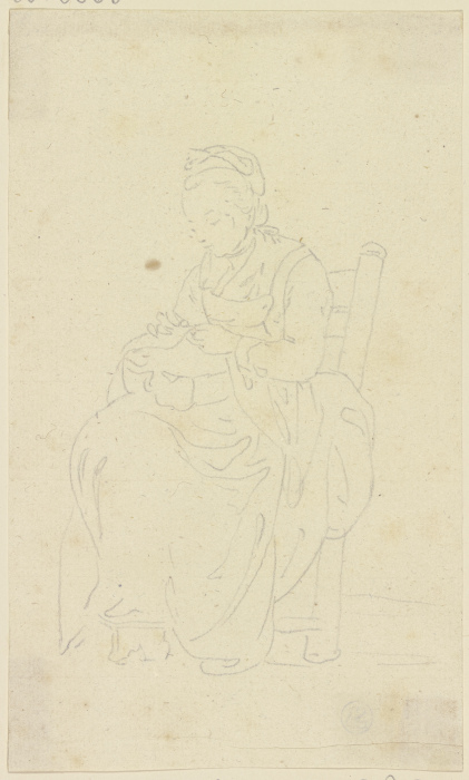 Auf einem Stuhl sitzende Frau mit einer Handarbeit van Georg Melchior Kraus