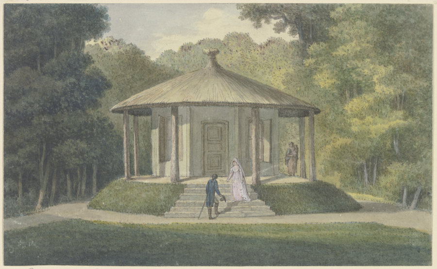 Der Pavillon im Ettersburger Park bei Weimar, auf der Treppe die Herzogin Anna Amalia, einen Herrn b van Georg Melchior Kraus