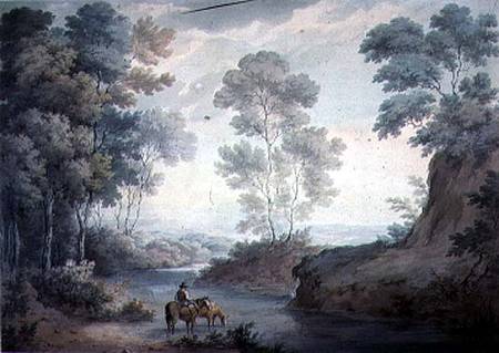 Landscape with River and Horses Watering van George Barret