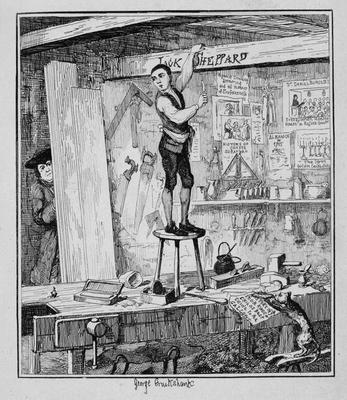 Jack carves his name on a beam in the shop of his former employer, illustration from 'Jack Sheppard: van George Cruikshank