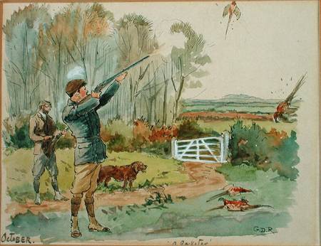 The Month of October: Pheasant Shooting (pen & ink and w/c on paper) van George Derville Rowlandson