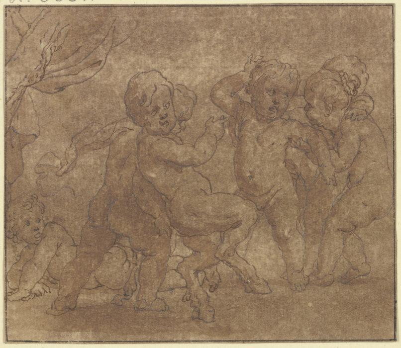 Sechs tanzende nackte Kinder, eines davon hat Ziegenfüße van Gerard de Lairesse