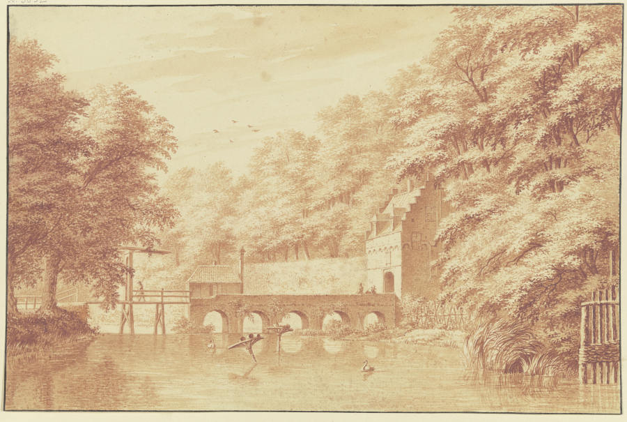 Über ein Wasser führt eine Steinbrücke von fünf Bögen nach einem Parktor, auf dem Wasser zwei Schwän van Gerard van Rossum