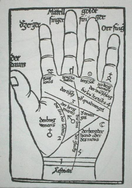 Chiromantic hand, illustration from 'Physiognomonia' by B. Cocles, published in Strasbourg van German School