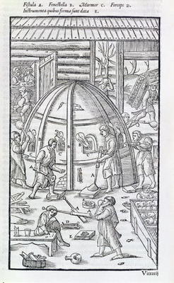 Glassworks, illustration showing the marble furnace and glass blowers (woodcut) van German School, (17th century)