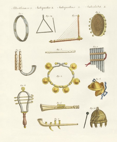Musical instruments of the ancients -- whistles, rattles and cymbals van German School, (19th century)