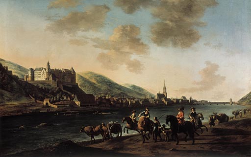 Gezicht op de stad Heidelberg en het kasteel vanaf de rechteroever van de Neckar van Gerrit Adriaensz Berckheyde