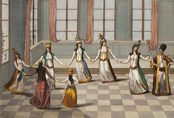 Dance that is fashionable with the Greek women of Constantinople, led by the woman holding a handker van Giacomo Leonardis