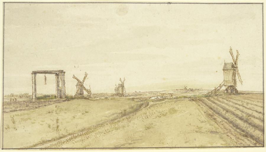 Flache Landschaft mit Windmühlen und Galgen van Gillis Neyts