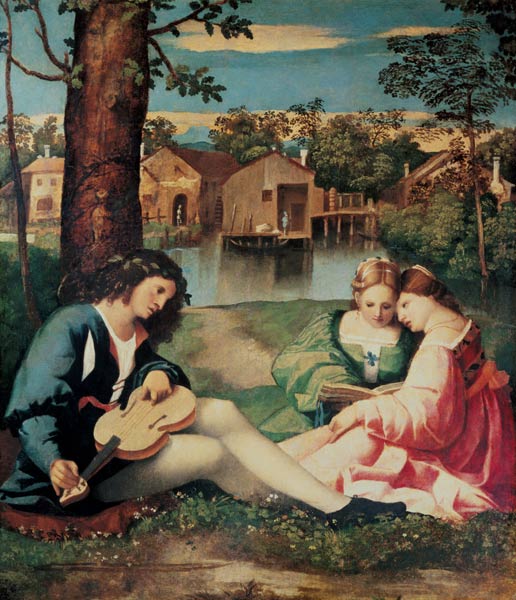 Youth with a guitar and two girls sitting on a river bank van Giorgione (eigentl. Giorgio Barbarelli oder da Castelfranco)