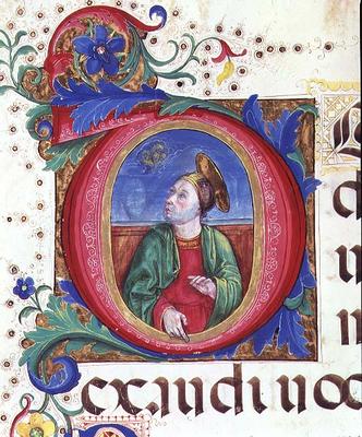 Ms 542 f.53r Historiated initial 'O' depicting a male saint from a psalter written by Don Appiano fr van Giovanni di Guiliano Boccardi